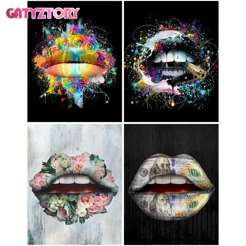GATYZTORY 60x75cm Painting By Numbers Flower Lips DIY Paint By Numbers For Adult Frameless Digital Painting On Canvas Unique Gif