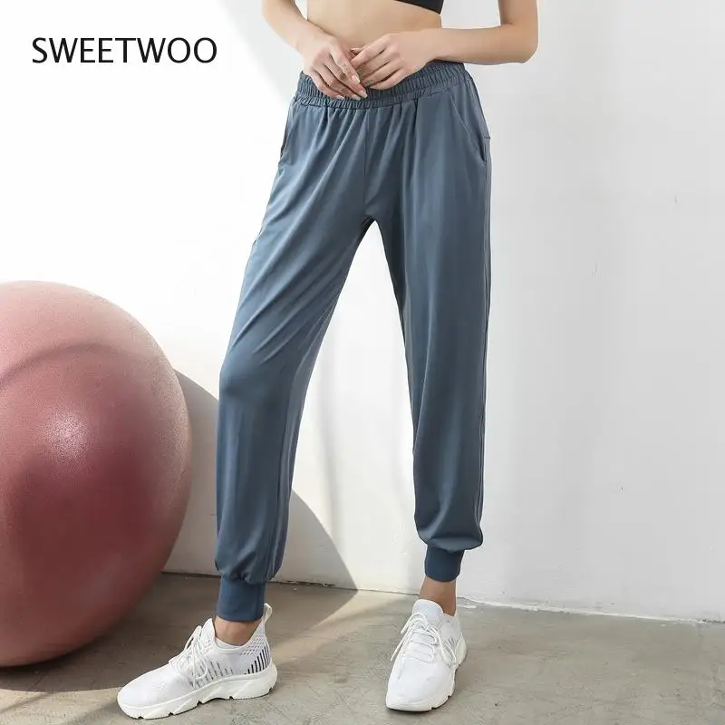Women Jogging Pants Elastic Waist Sweatpants Jogger High Waist Fitness Running Pants Breathable Loose Quick-Drying Cropped Pants
