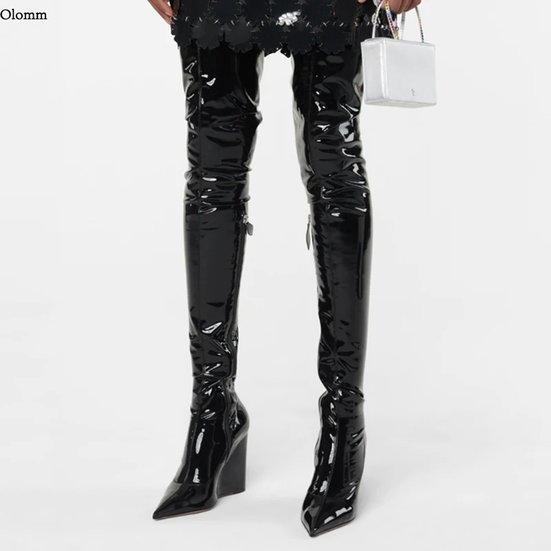 

Olomm New Stylish Women Spring Thigh Boots Comfort Wedges Heels Pointed Toe Pretty Black Leopard Night Club Shoes US Size 5-12
