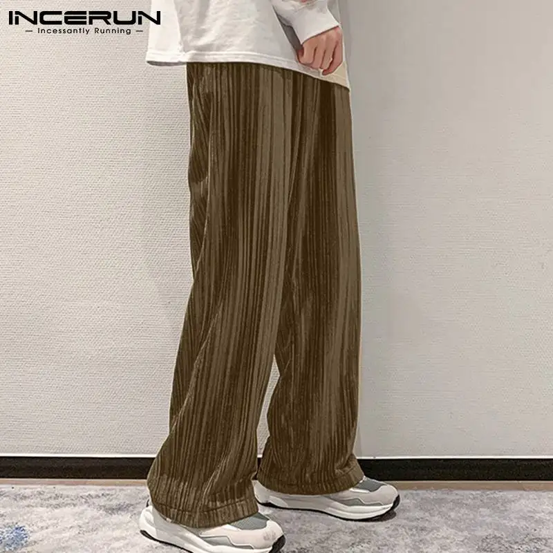 

2022 Men Casual Pants Elastic Waist Velour Solid Color Straight Trousers Joggers Streetwear Loose Pantalones Hombre 5XL INCERUN