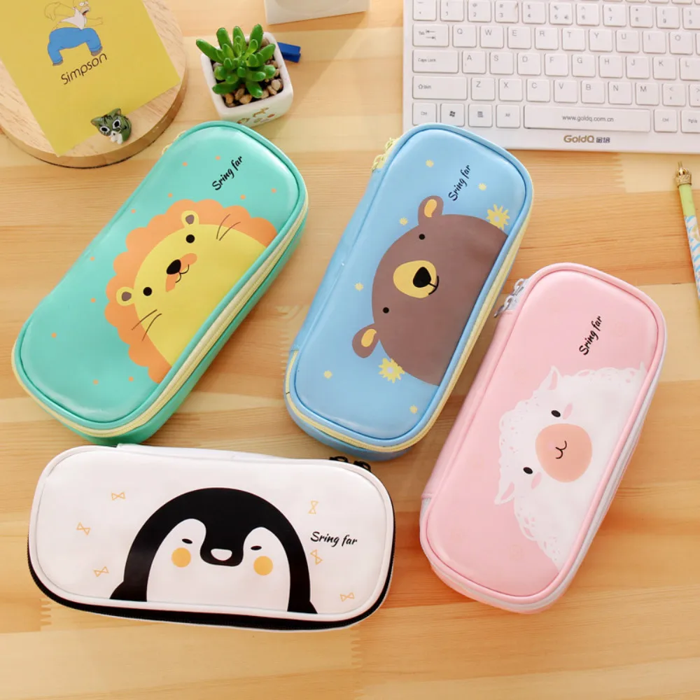 Мультяшные пеналы Kawaii Green Lion Penguin чехол для ручки из ПУ водонепроницаемый большой