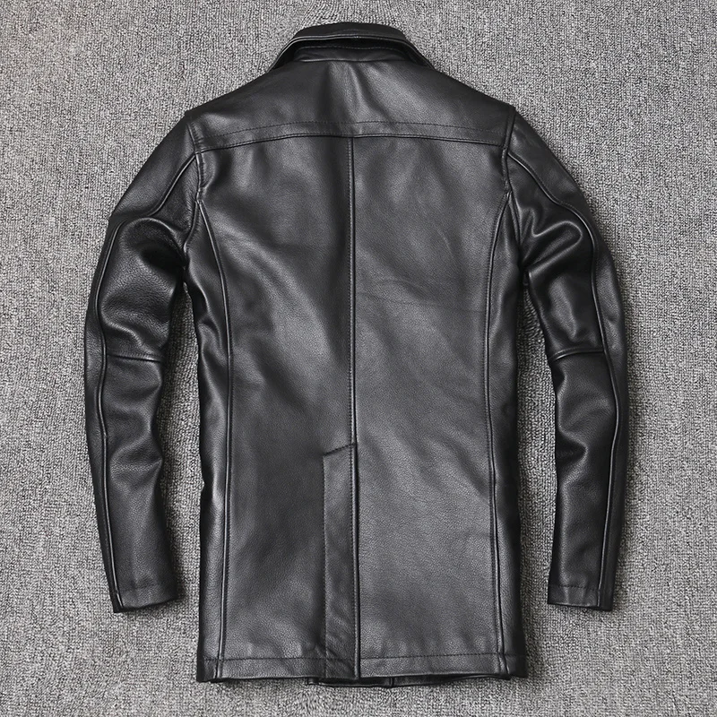 

2021 Black Long Casual Style Genuine Leather Jacket Men Double Breasted Large Size 5XL Real Natural Cowhide Autumn Pea Coat