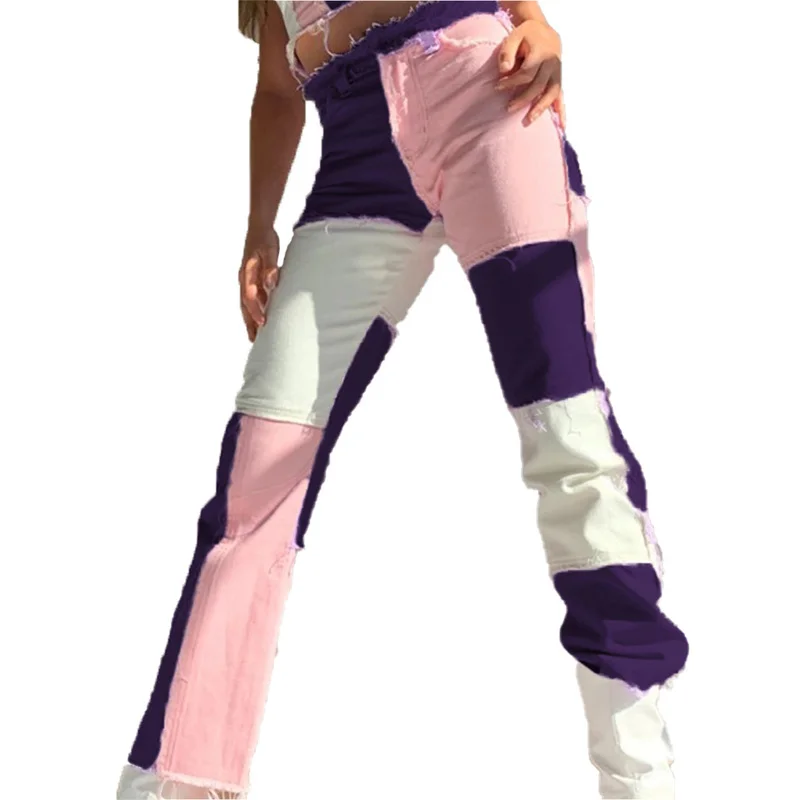 

Womens Fashion Colourblock Pathwork Denim Pants Ladies Casual Jeans Trousers