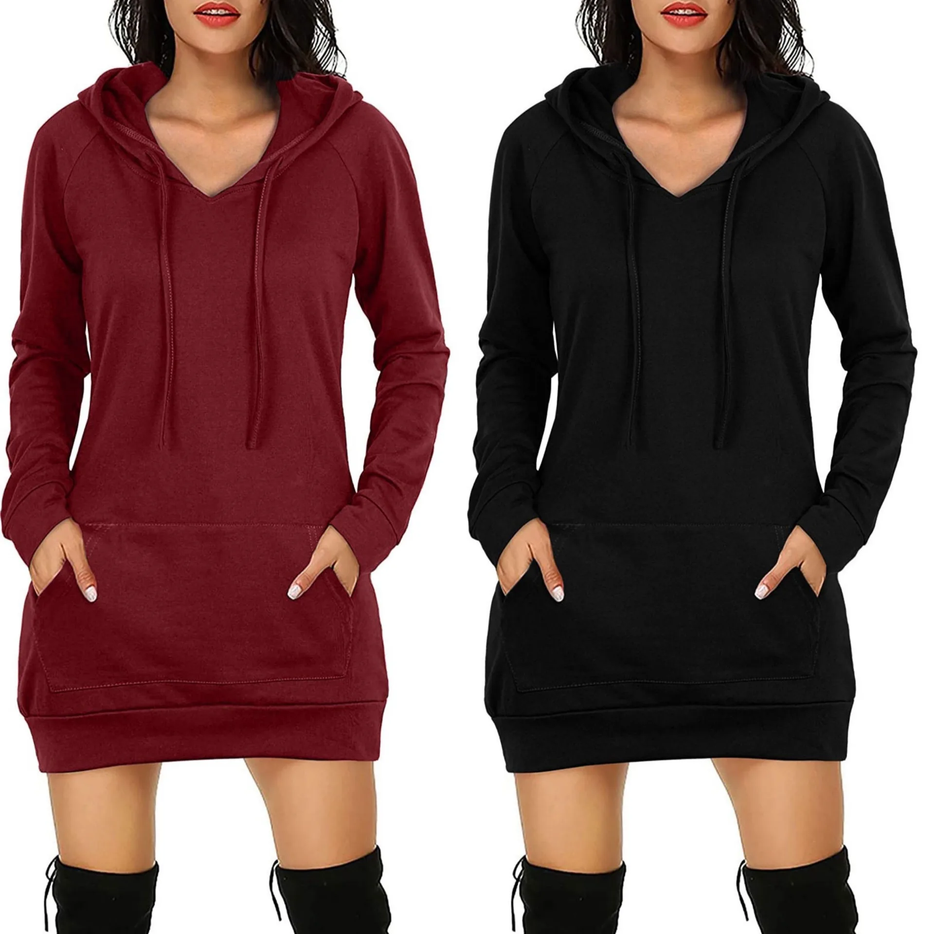 

Autumn Wear Mid-Length Hooded Long Sleeve Women's Clothing Fashion Solid Color Pocket Sweatshirt Loose
