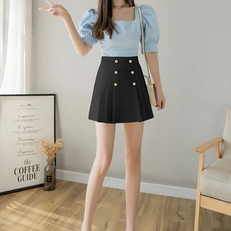 

Limiguyue High Waist College Pleated Skirt Fashion Double Breasted Short Skirts Sweet Girls Dance Mini Skirt Preppy Style K242