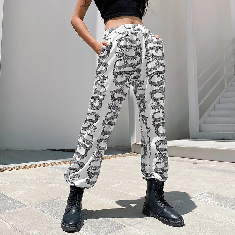 

Women Casual Dragon Printed Pencil Pants Summer Plus Size Elastic Waist Wide Leg Jogger Trousers Female High Waist Sweat Pants