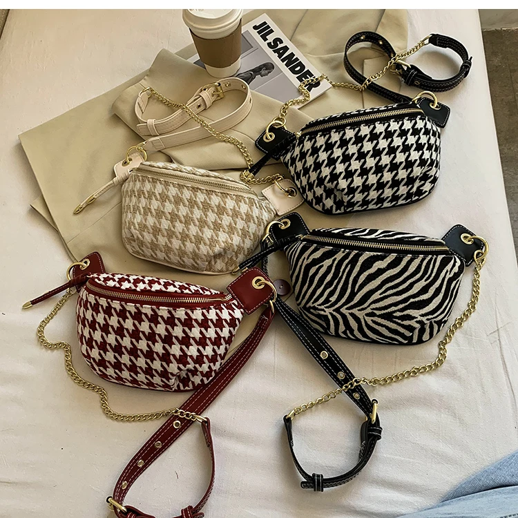 

Women Bags Houndstooth Small Simple Waist Packs Women 2021 Winter Chest Bags Female Fashion Phone Purses Chain Travel Belt Bags