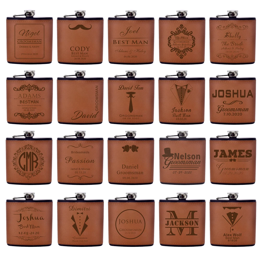 Персонализированная фляжка 6 унций кожаная гравировка из нержавеющей стали