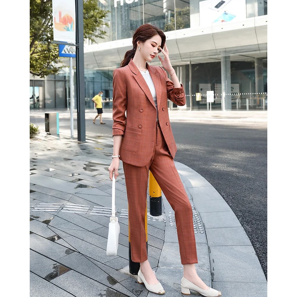 Elegant Plaid Pant Suits Set Women's Autumn Female Office Work Wear Lady Double Breasted Blazer Suit Jacket+ Trousers Two Sets