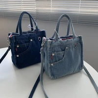 simple design womens denim shoulder messenger bag solid color ladies handbags with pocket vintage female girls small tote bags