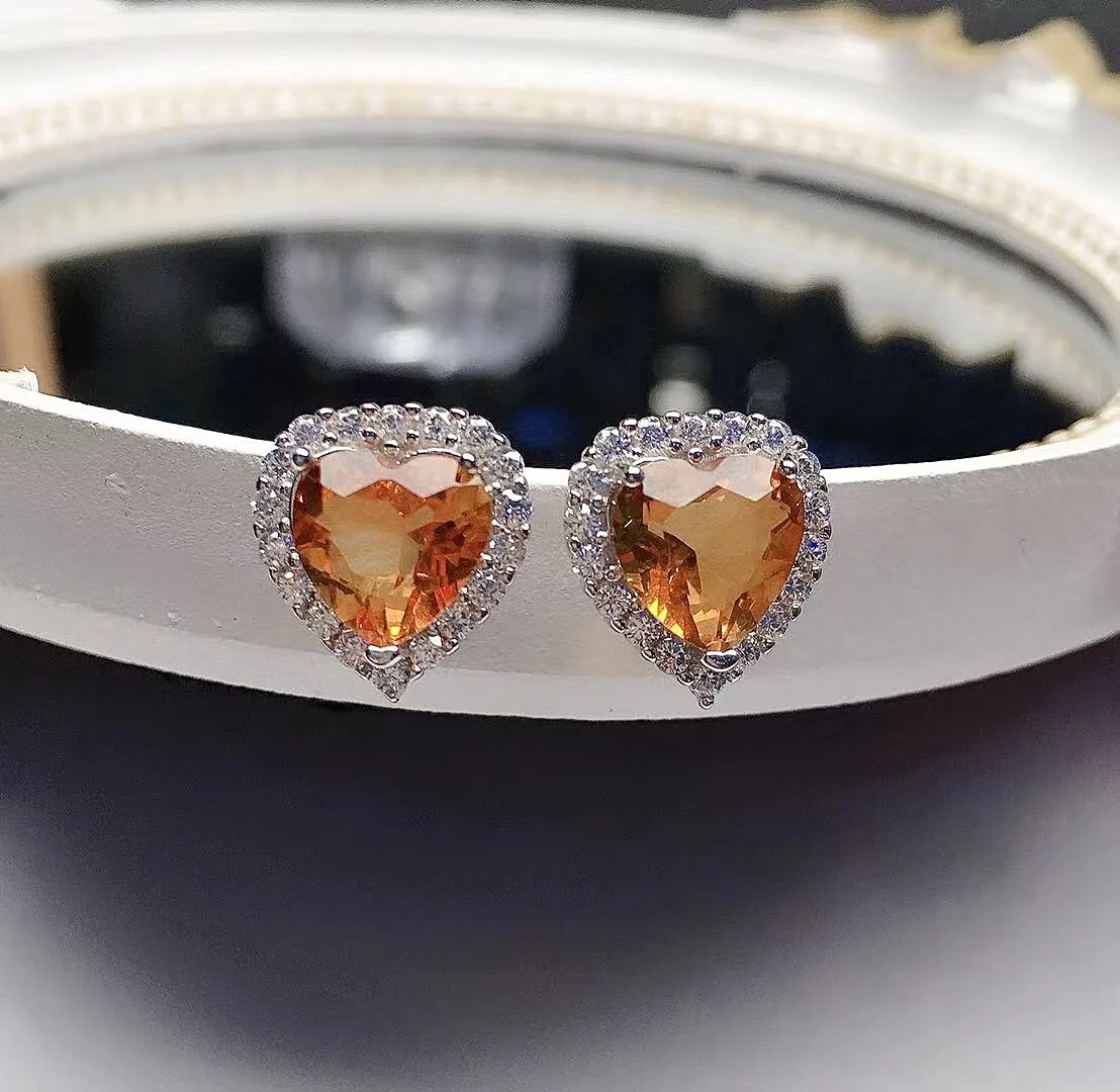 

Fashion Silver Heart Stud Earrings for Daily Wear 100% Natural Citrine Earrings 925 Silver Citrine Stud Earrings