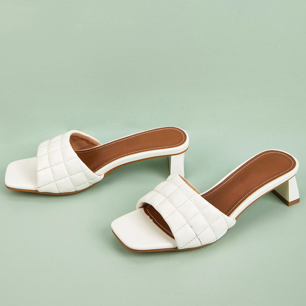 

Summer Fashion Women's Mules Slippers Square sole Mid Heel Sandals Slides Rhombus Casual Daily Shoes Slip On