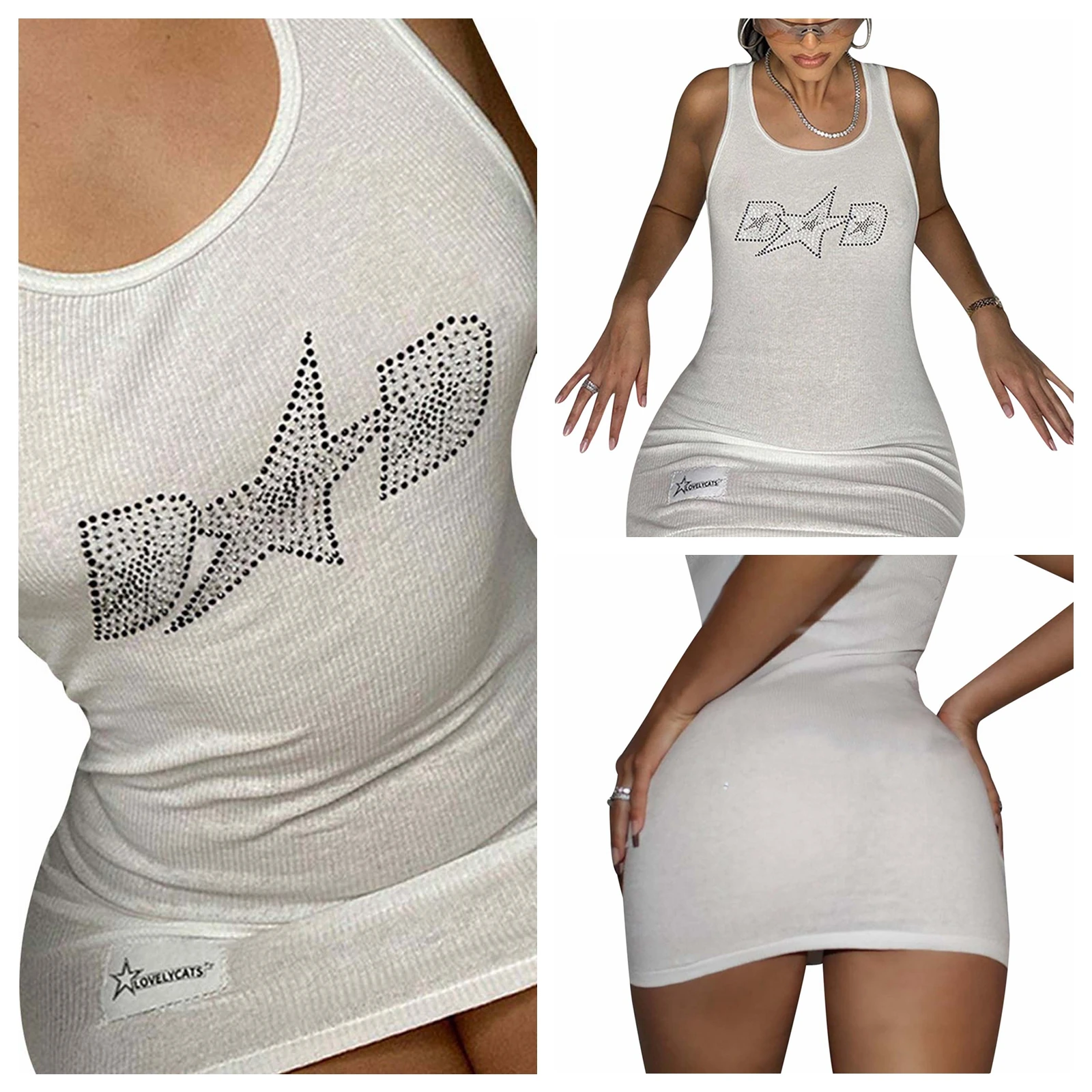 

Sexy Ladies Summer Temperament Vest Skirt Women Fashionable Rhinestone Star Letter Decoration Sleeveless Short Dress for Dating