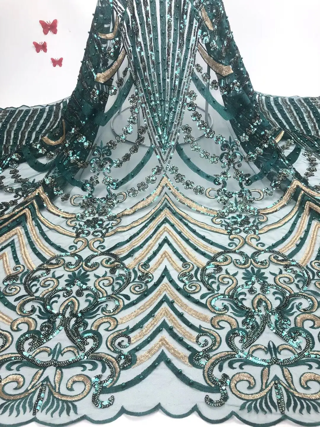 

Sequins Lace Fabric High Quality Latest African Lace Fabric Wedding Tulle Lace Fabric French Nigerican With Beads FJ3299
