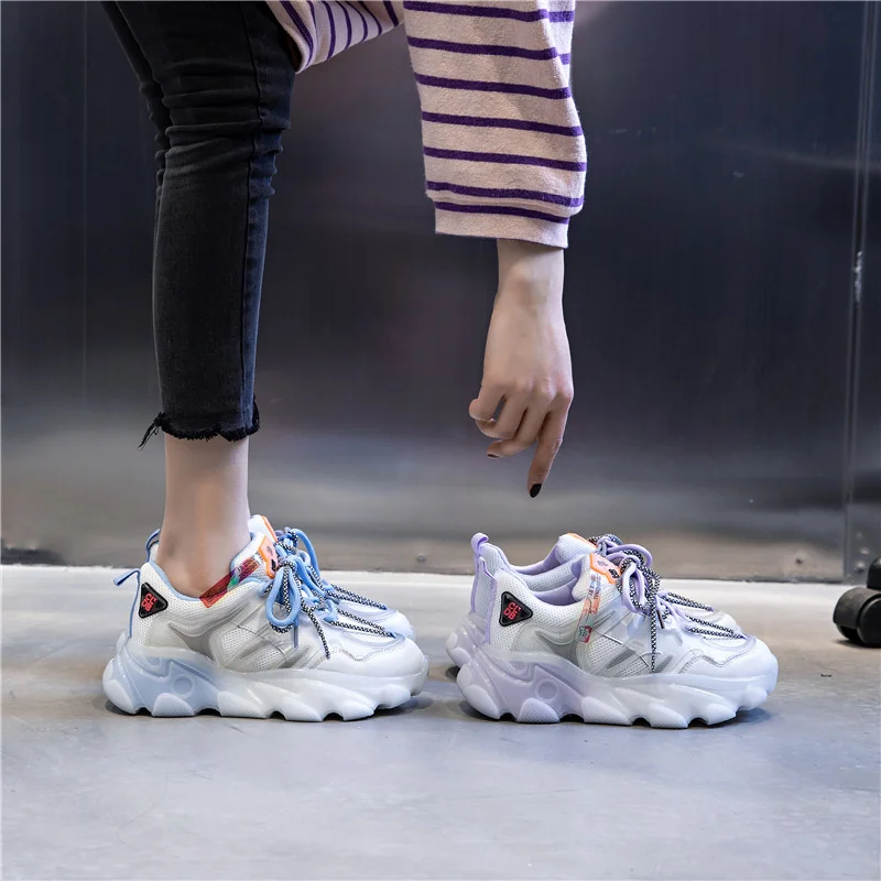 

Woman Chunky Running Shoes Genuine Leather Comfortable Casual Shoes White Dad Soles Breathable Ladies Platform Footwear