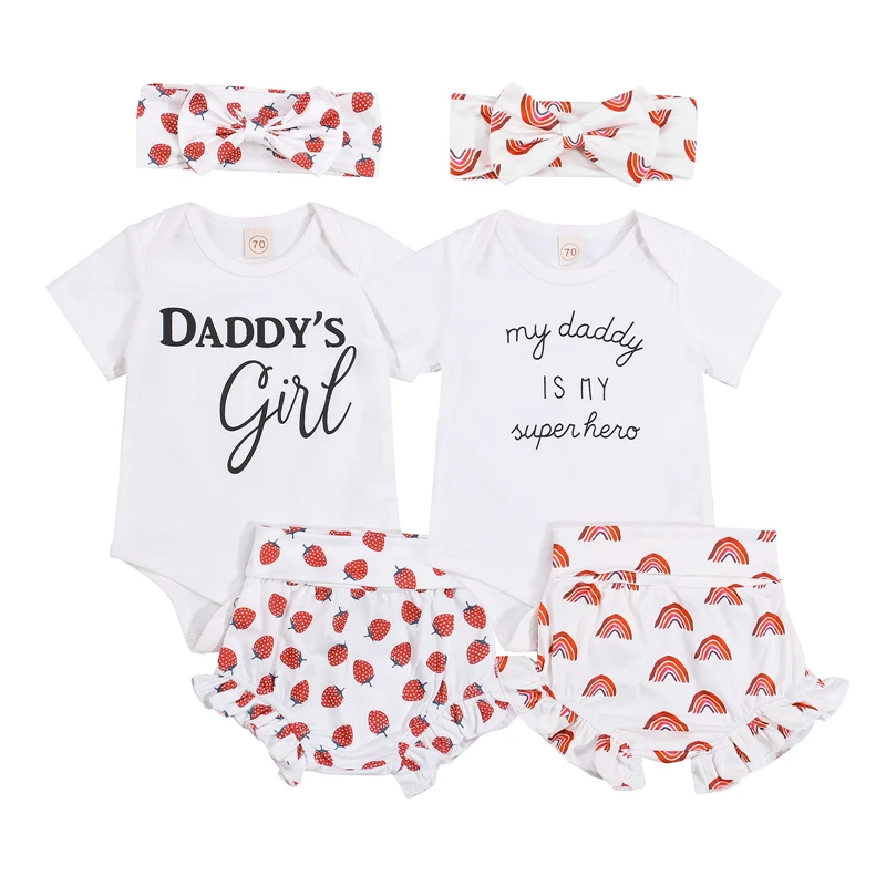 

2021 Toddler Girls Clothes Set Letter Print Short Sleeve Romper+Strawberry/Rainbow Print Shorts+Headband Clothing Outfit