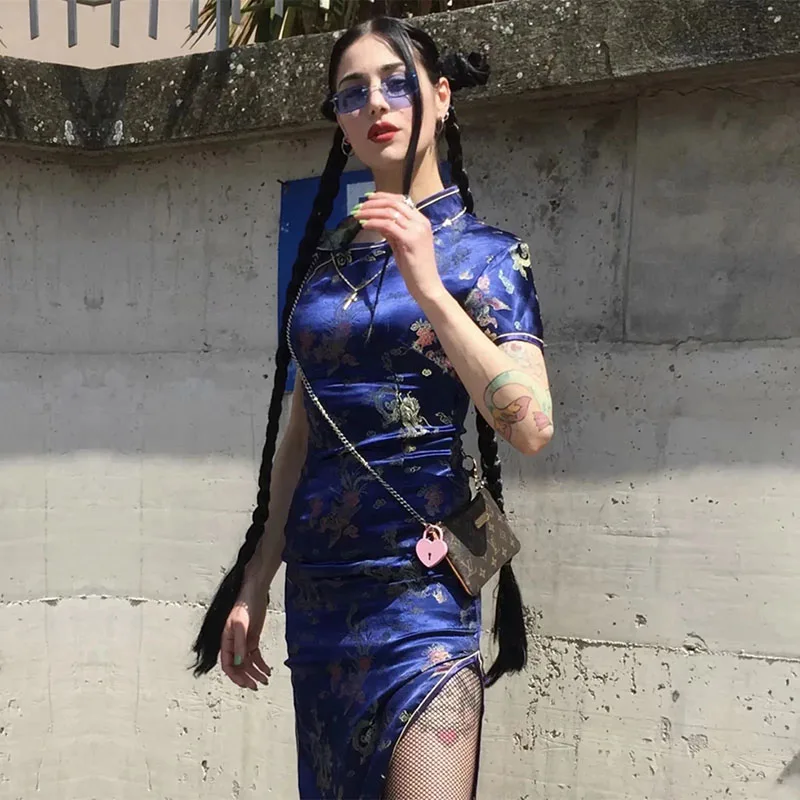 

Длинное китайское платье Ципао с вышивкой, пикантное платье с разрезом, женское банкетное Ципао