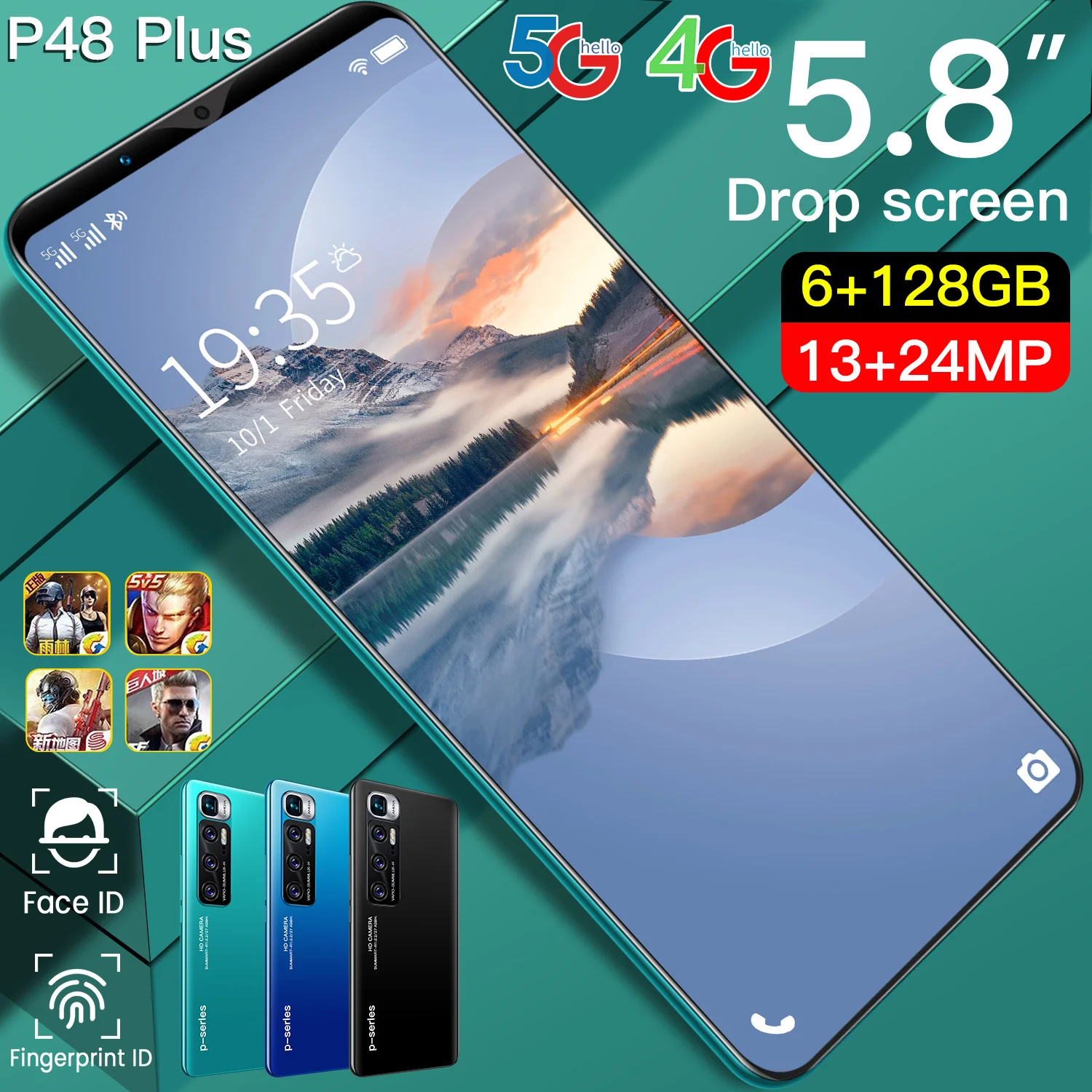 

P48 pro 2021 new cheap smartphone 5.8-inch 13+24MP HD screen Android system gaming phone under-screen fingerprint unlock