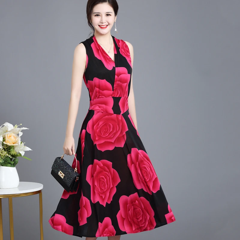 

Новинка 2019, летнее женское платье высокого качества большого размера, модное длинное женское платье без рукавов с V-образным вырезом и цвето...