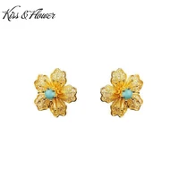 kissflower er375 fine jewelry wholesale fashion woman girl bride birthday wedding gift vintage flower 24kt gold stud earrings