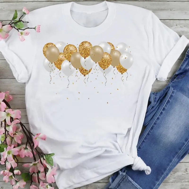 

Women Graphic 90s Balloon Happy Beach Holiday Style Cartoon Summer Fashion Print Female Clothes Tops Tees Tshirt T-Shirt