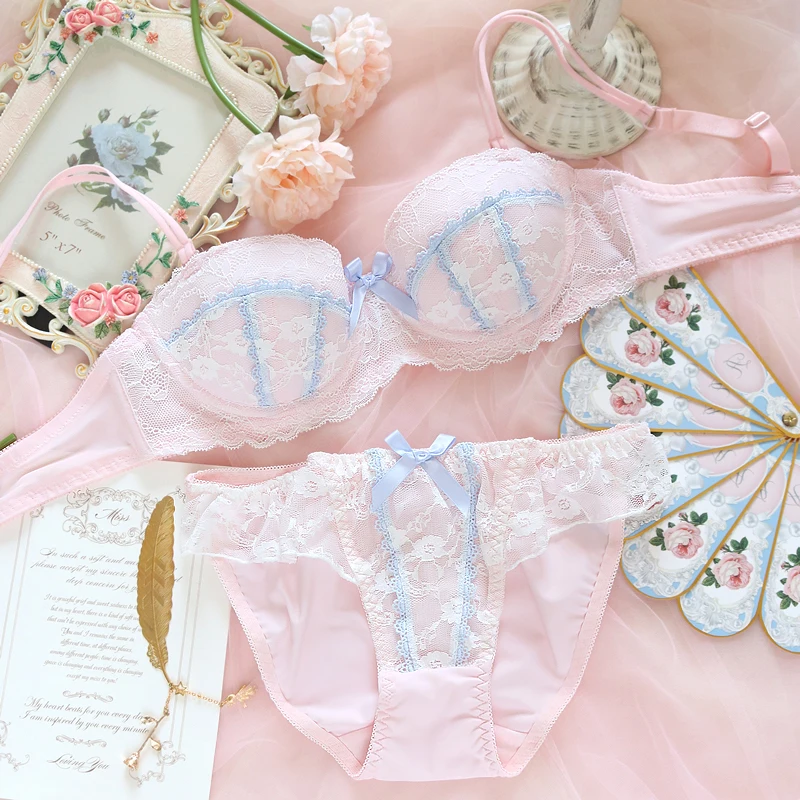 Dream Princess Fresh Sexy Lolita Cute Lace Trim Bow Bra & Brief Set Japanese Women's Push Up Underwire Underwear Suit Student