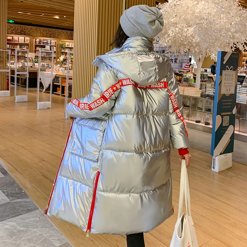 Женский пуховик из хлопка длинное зимнее пальто парки с капюшоном 2019 Глянцевая