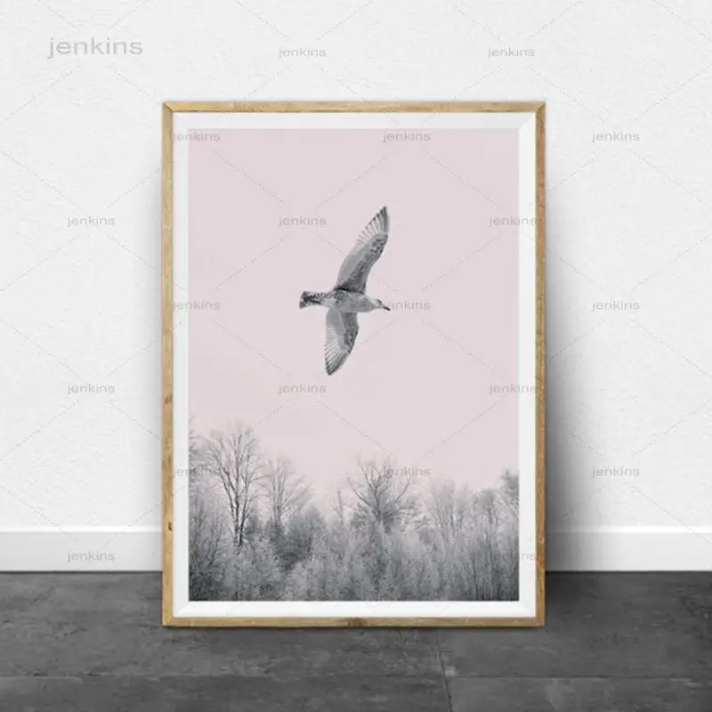 Современный лес деревья ландшафт с летающим планшетом и принтами холст живопись