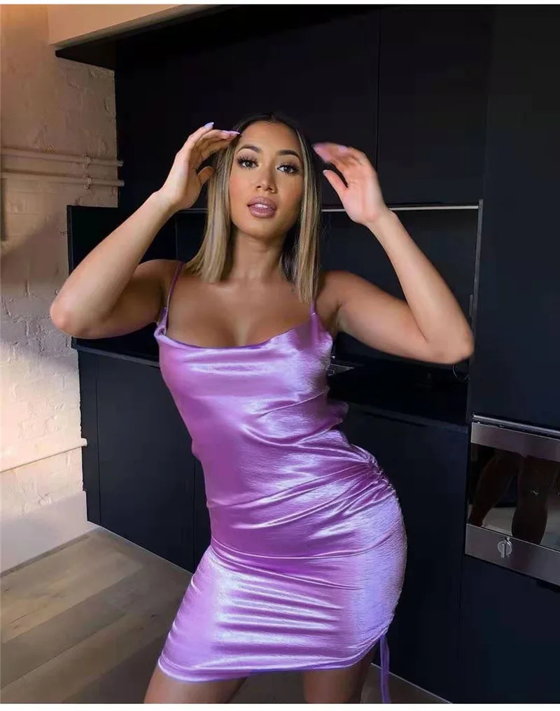 

2021 New Europe and United States Fashion Summer Satin Skirt with Shoulder-Straps Sexy Party Dress