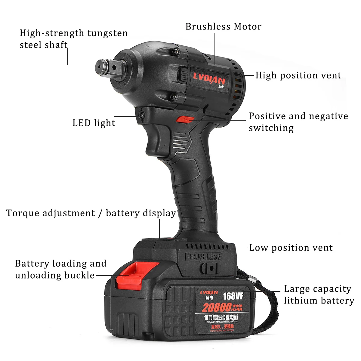 doersupp Electric Impact Wrench Cordless Infinitely Electric Wrench with LED Light Brushless Impact Rechargeable Lithium Battery