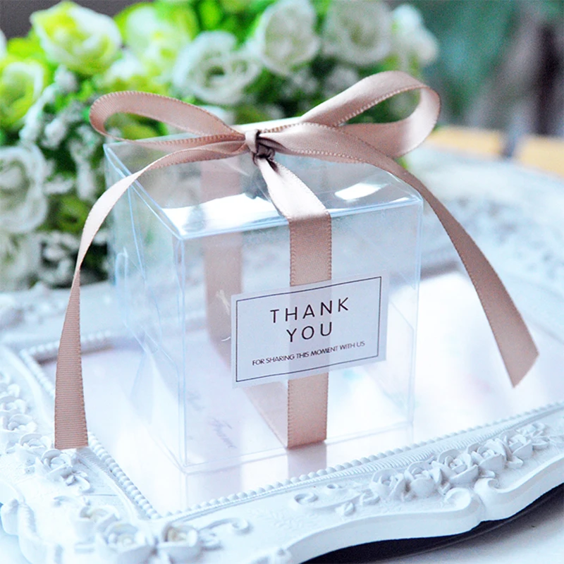 

5x5x5cm PVC Clear Candy Boxes Wedding Decorations Party Supplies Gift Box Baby Shown Favors Candy Box with Ribbon