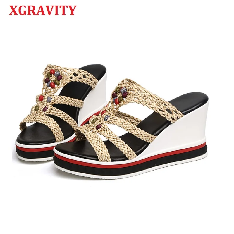 Сандалии XGRAVITY B009 женские, пляжная обувь на танкетке, элегантные модные тапочки, цветочный дизайн, бисероплетение