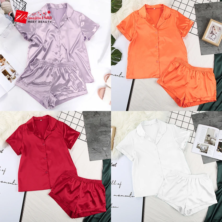 

Women Sleepwear Summer Pajama Set Pink Turn Down Collar Faux Silk Satin Short Sleeve Casual Female Pijama Home Wear