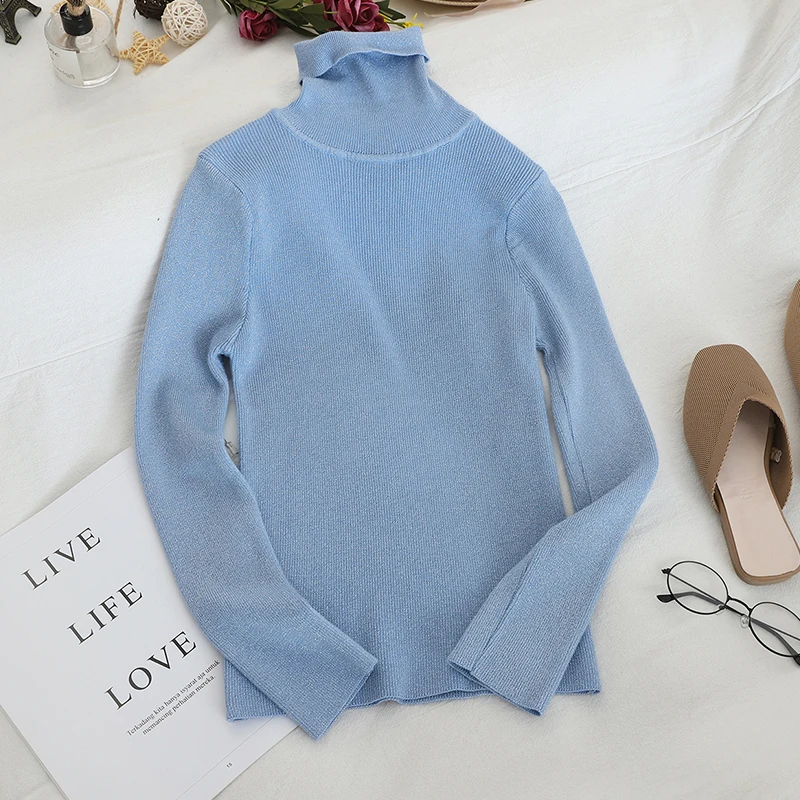 SINGRAIN Блестящий свитер с высоким воротом Женский трикотажный люрексом модные