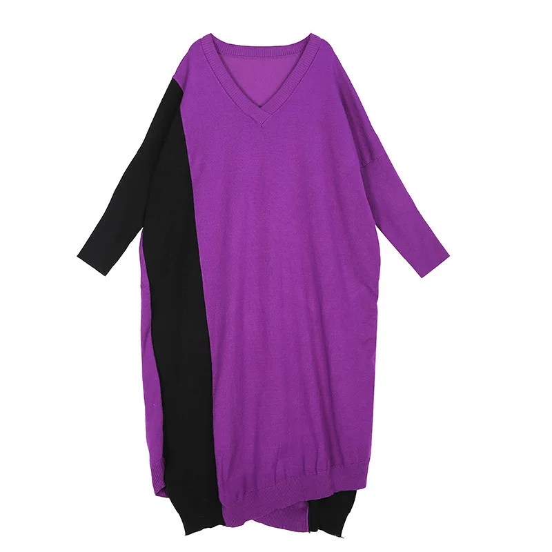 

Johnature 2021 Winter New Women Hit Color Knitting V-neck Dresses Fashion 3 Colors Irregular Loose Female Dress