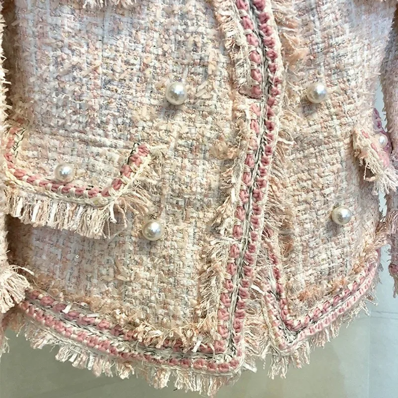 

Elegant Ladies Long Sleeve Pearls Double Breasted V-Neck Jackets Fashion Qualities Tassel Slim Womens Formal Party Wear Coats