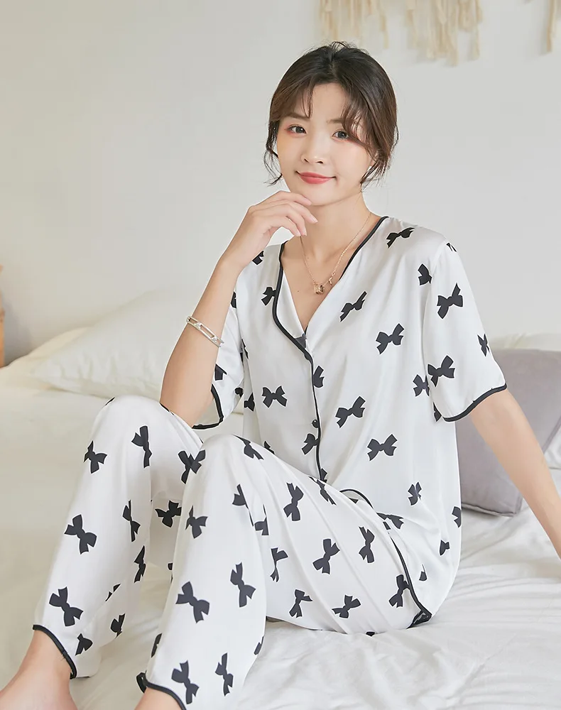 South Korea Summer Woman Pajamas Set Cotton Silk Short Sleeve Pajamas Thin Rayon Cotton Bowknot Woman Cardigan  Casual Home Wear