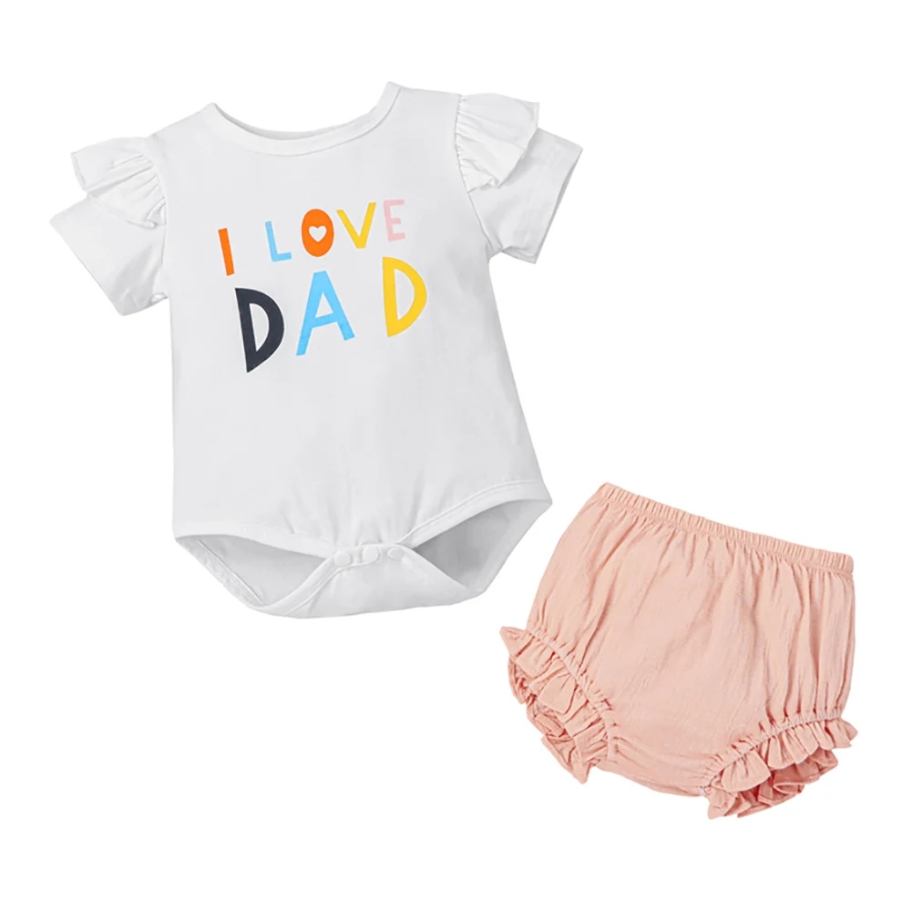 

2021 Baby Girls 2Pcs Romper Set Short Sleeve Letter Printed Triangle Bodysuit with Solid Color Ruffled Triangle Shorts Hot Sale