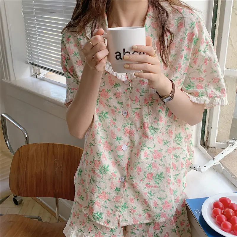 

QWEEK Korean Sleepwear Floral Print Pijama Summer 2021 Pajamas Set 2 Piece Cute Pyjamas Short Sleeve Nightwear Sweet Loungewear
