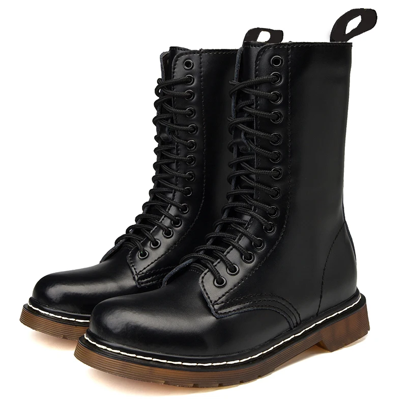 

Classic Fashion Women Unisex Flat Boots Winter With Fur Black High Top Smooth Leather Couples Man Motocyle Boots Shoes Plus Size