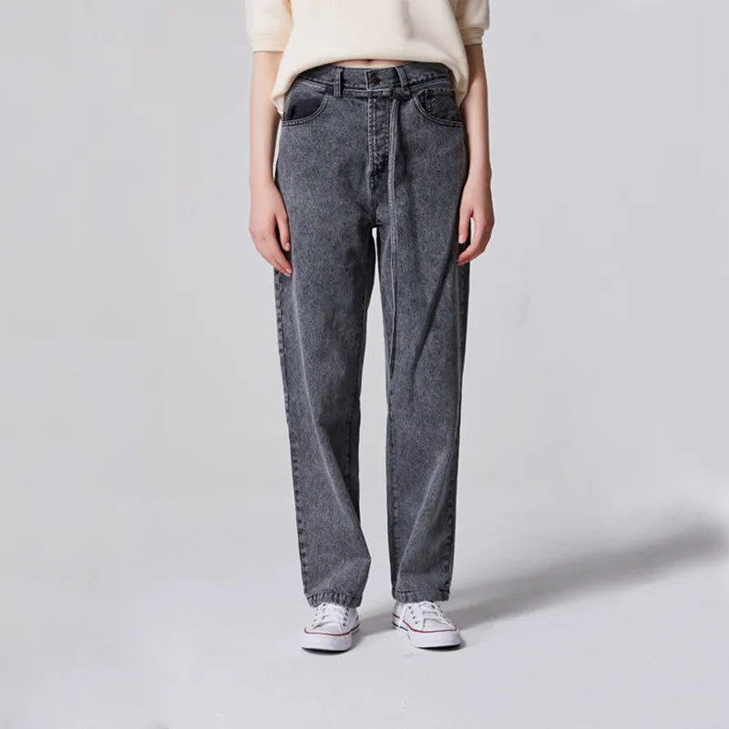

Women Gray Denim Long Pants High Waist Sashes Straight Zipper Simple 2021 Autumn Ladies Jeans
