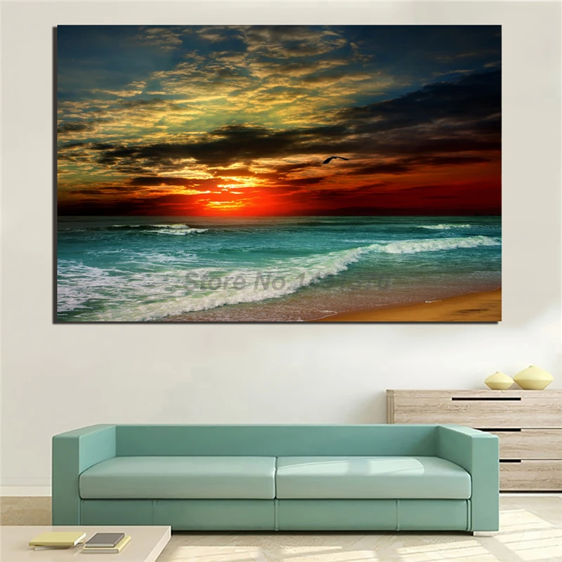 Закат и облака над синим морем плакат морской пейзаж картины на холсте