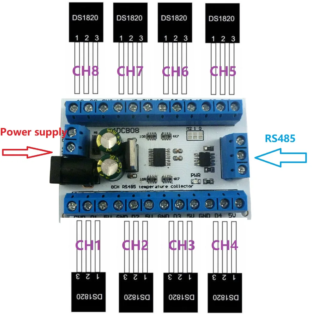 8 каналов DS18B20 RS485 Modbus Rtu Датчик температуры удаленного сбора монитор Цифровой