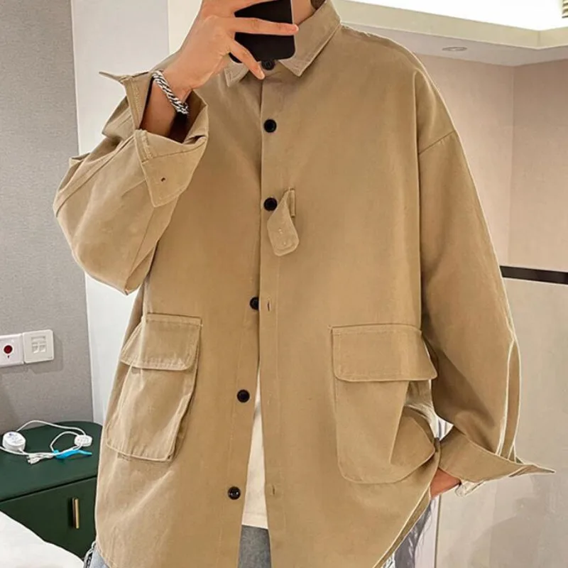 

Autumn Cotton Casual Jacket Men's Fashion Solid Color Pocket Utility Jacket Men Streetwear Loose Long-sleeved Shirt Mens Coat