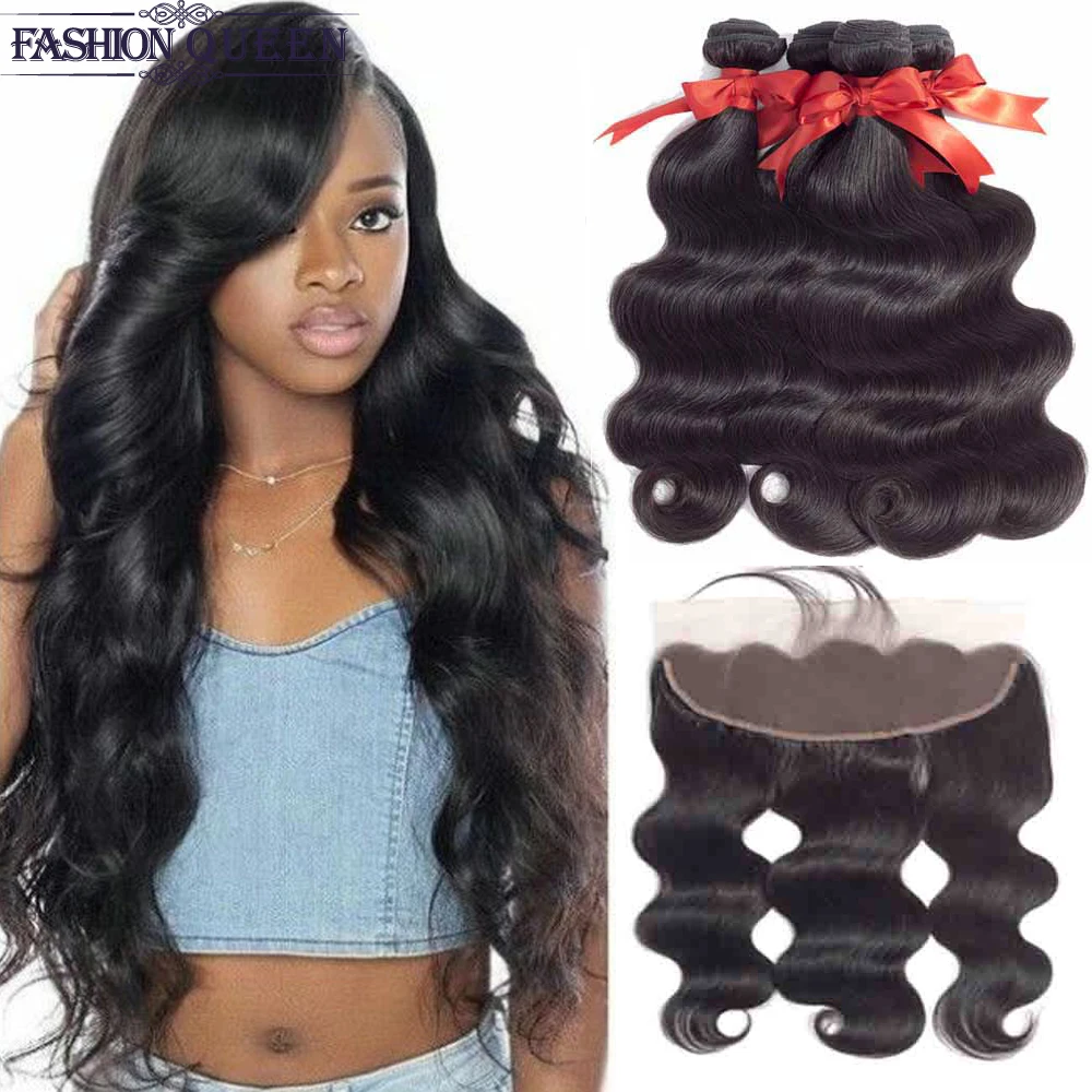 Бразильские пучки волос с закрытием человеческих объемных волн фронтальным