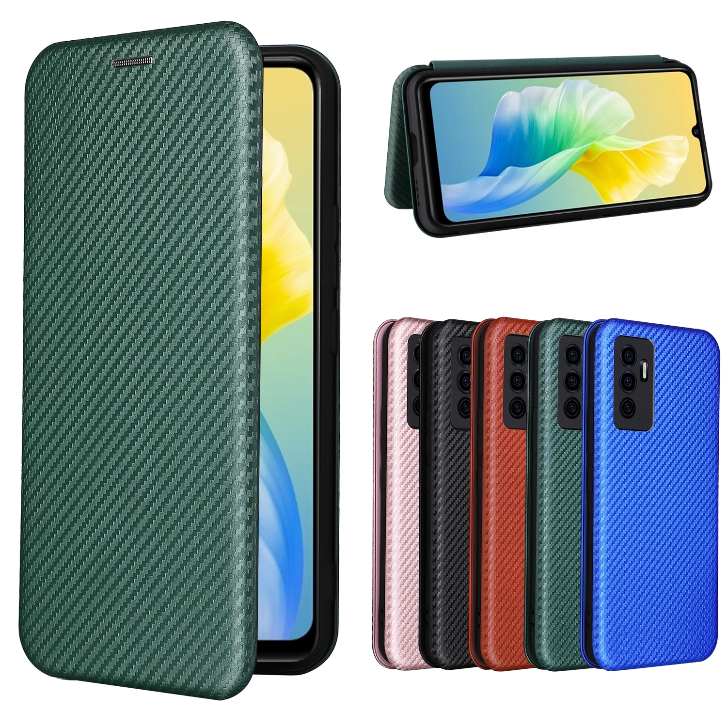 

For Vivo S10e Case Carbon Fiber Flip Leather Case For Vivo S10e V2130A Business Magnetic Wallet Card Slot Slim Cover 6.44"