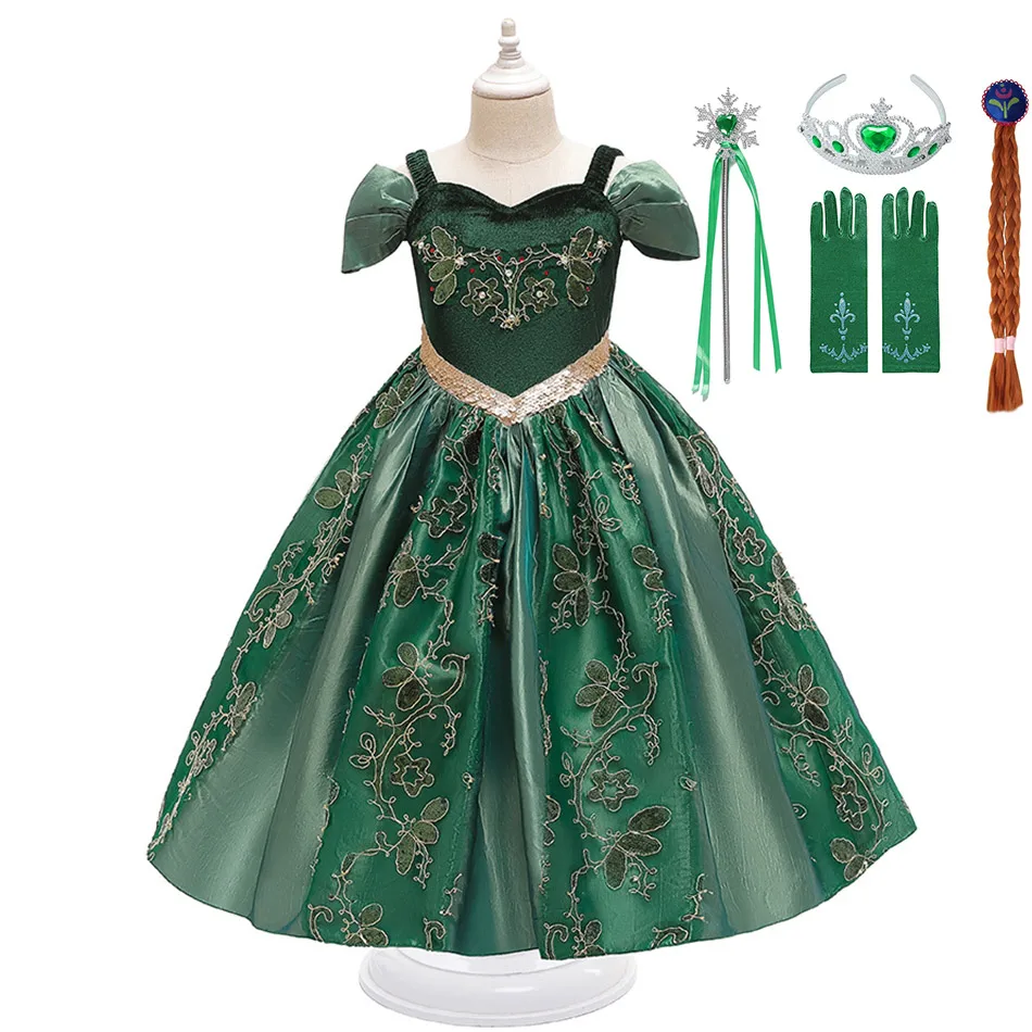 

Anna Green Girls Princess Dress Elsa for Baby Kids Costume with Wig Crown Gloves Wig Anna Party Cosplay Dress Girl Clothing