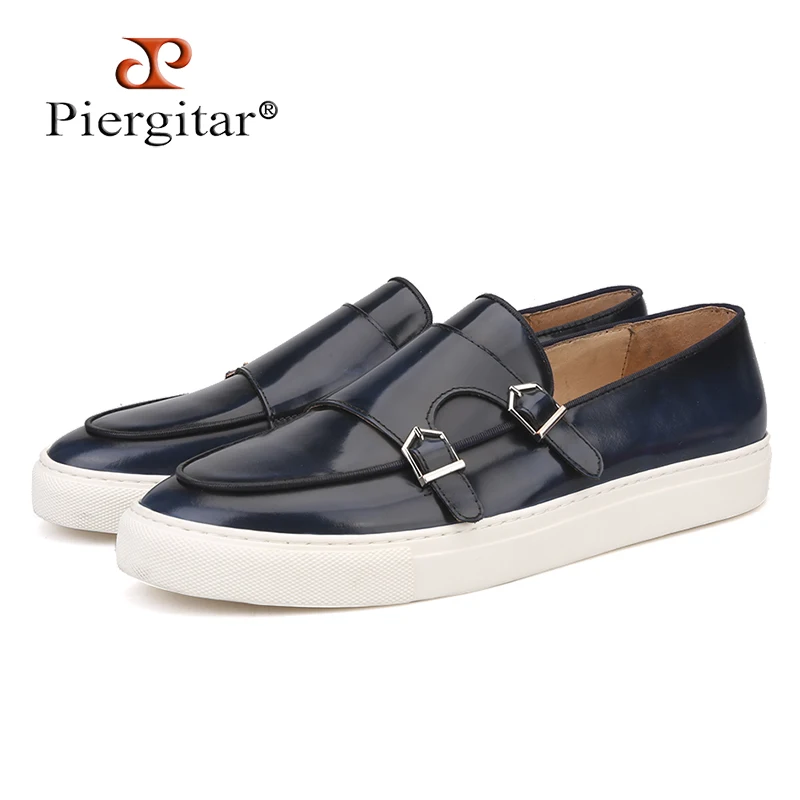 Piergitar 2019 New Handcrafted Navy blue mixed colors Genuine Leather Men Loafers Sporty style Slip-on men's casual shoes | Обувь
