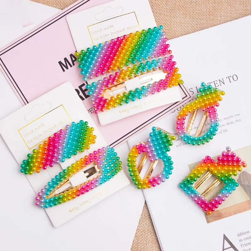 

7Pcs Rainbow Faux Pearl Hair Clip Jewelry Beaded Geometric BB Hairpin Barrettes