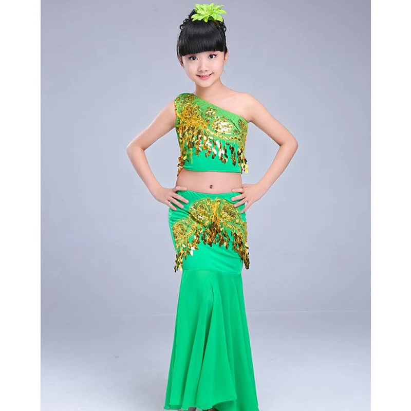 Green set Детские костюмы для танца живота для девочек, 3 шт., женский жилет с открытыми плечами, юбка в виде рыбьего хвоста, дизайн с блестками, детская одежда для костюмированной вечеринки - Цвет: Green set